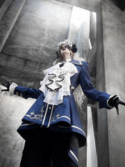 White Gorgeous Jabot with a Blue Rhinestone Brooch