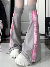 Gray Leg Warmers with Gothic Pink Text Stripe Detail & Cross Print