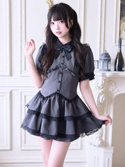 Jirai Kei Style Faux Two-Piece Outfit: Gray Striped Layered Lace-Trimmed Dress and Shorts