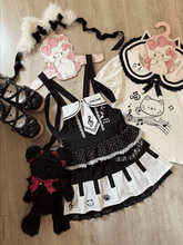 Soft & Adorable Black and White Overall Dress - 'Piano Key' Box Pleats / Peter Pan Collar T-shirt with Kitten Print