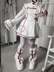 Yami Kawaii Halloween-themed Set: White Maid Dress with Red Heart Buttons & Cross Embroidery + Shorts