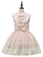 Pink Sailor Collar Lolita Dress with Beige Trims and Lace Bow Accent