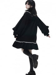 Dark Sweet-Grunge Doll Aesthetic Black Hoodie Dress with Metal Cross and Lace Decoration