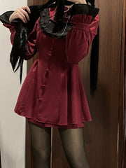 Wine Red Jirai Kei Full Set - Cross Embroidery Bowknot Dress + Shorts