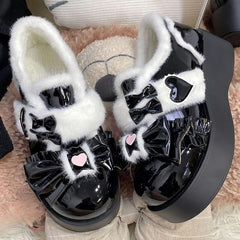 PU Leather with Heart Details, Bow Decor & Snug Fleece Lining Black Platform Shoes in Sweet Lolita