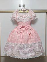Polka Dots and Striped Pattern Print Pink Lolita Short Sleeves Dress with Poodle and Bow Patch