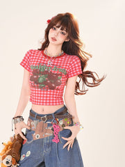Red Plaid Round Neck Fruit Print Cropped T-Shirt