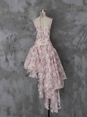 Pink Fairycore Magnolia Floral Print Vacation Dress V-neck Spaghetti Straps Dress