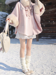 Sweet Pink Wool Cape Coat with Detachable Self-tie Shaggy Collar