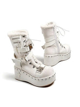 White Punk Platform Ankle Boots - Side-release Buckle Decor, Studded Accents & Cross Details