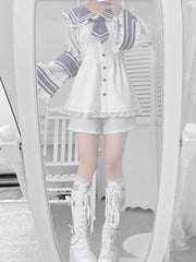 Jirai Kei Nautical Fashion Set - White and Purple Bell Sleeves Top with Matching Shorts