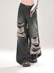 Vintage Black Wide-Leg Jeans with Distressed Detailing