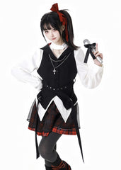Red Plaid Hood Black Curved Hem Idol Vest with Adjustable Waist Belt