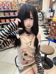 Alt-Kawaii White Asymmetric Neckline Top: Starry Striped Sleeves & Partial Heart Shaped Buttons