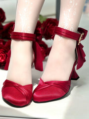 Wine Red Classic Lolita High-heel Sandals - Bow Detailing & Heart Inspired Buckle Design