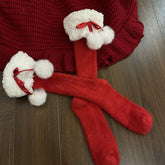 White/Red/Black Fleece Ruffled Warm Calf Socks with Pom-Pom Decoration
