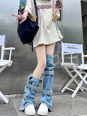 Y2K Style Strappy Denim Leg Warmers