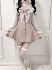 Sweet Jirai Kei Pink Coord Set: Sailor Collar Dress with Mesh Sleeves, Shorts & Detachable Bow