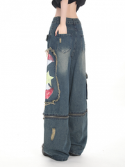Y2K Deep Blue Convertible Wide-leg Jeans with Distressed Design & Graffiti Apple Print
