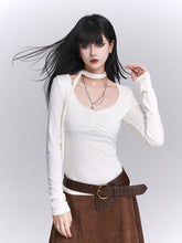 Versatile White U-Neck Long Sleeve Top with Front Ruches & Matching Neck Strap