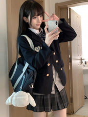 Dark Blue Preppy Style Badge Decorated JK Uniform Blazer