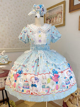 Lamb and Teddy Print Blue Short Sleeves Sweet Lolita Peter Pan Collar Dress