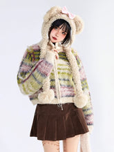 Vintage Green Striped Mohair Crop Cardigan with High Neck & Zip Closure