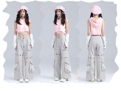 Star-shaped Studs Gray Cargo Pockets Detachable Jeans