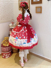 Lamb and Bear Print Red Short Sleeves Sweet Lolita Peter Pan Collar Dress