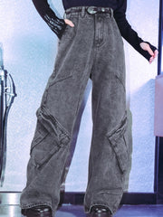 Gray Vintage Distressed Wide-Leg Jeans with Asymmetrical Pockets