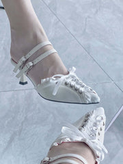 White Lace-up Detail Pointed Toe Gothic Slingback Sandals