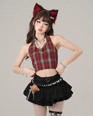 Red Plaid Halter Neck Crop Tank Top - Adorable & Slimming