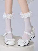 White/Pink Lolita Sweet Ruffled Calf Socks with Beaded Bowknot Decoration