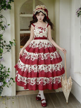 Rose and Teapot Print Red Tiered Skirt Floral Dress Classic Lolita Jumper Skirt