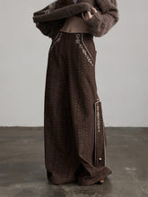 Urban Goth Dark Coffee Thick Embroidered Striped Wide-Leg Pants with Leg-Cuff Design