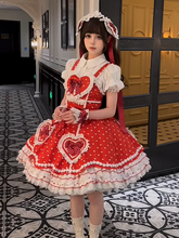 Red & White Lace-Trimmed Sweet Lolita Dress with Heart Motifs and Bows