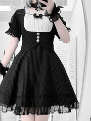 Jirai Kei Black Striped Dress Full Set with Corset Belt Design at Waist