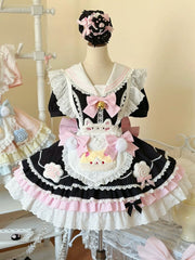 Clearance - Size M for Bust 86cm Black and Pink Sailor Collar Sweet Kitty Maid Lolita Dress with Heart Apron
