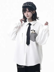 White Shirt with Plaid Pocket and Zipper Accent