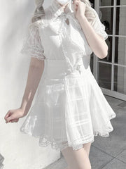 Jirai Kei White Plaid Organza Skirt with Back Lace-up Detail