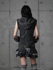 Wasteland Punk Dark Gray Y2K Hoodie Dress with Detachable Sleeves & Layered Plaid Skirt