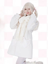 White Sweet Lolita Winter Coat with Ruffled Collar and Heart-Shaped Pockets + Bow Scarf