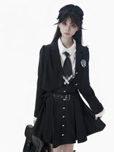 Black Striped Cropped Blazer with Preppy Badge & Subtle Silver Accents