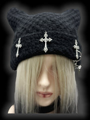 Y2K Black Cross Charms Studs Design Punk Cat Ears Beanie