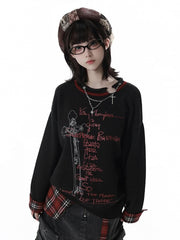 Y2K Black Distressed Sweater with Cross Print & Red Plaid Cuffs