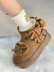Sweet Brown Lolita Winter Boots - Bow Accents with Back Pompom & Heart Applique