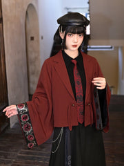 Red Cheongsam Crop Blazer with Golden Crow Print Wide Sleeves & Bead Buttons