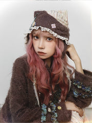 Mori Kei Green Plaid & Brown Colorblock Earflap Hat with Lace Trim and Button Accents