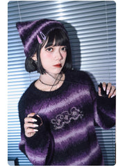 Gothic Purple Cheongsam Faux Mink Cat Ear Beanie with Gradient Stripes & Pom-Poms