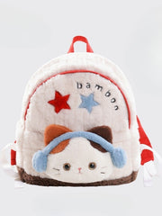White&Red Plush Letter And Star Embroidery Backpack With A Detachable Kitty Plushie